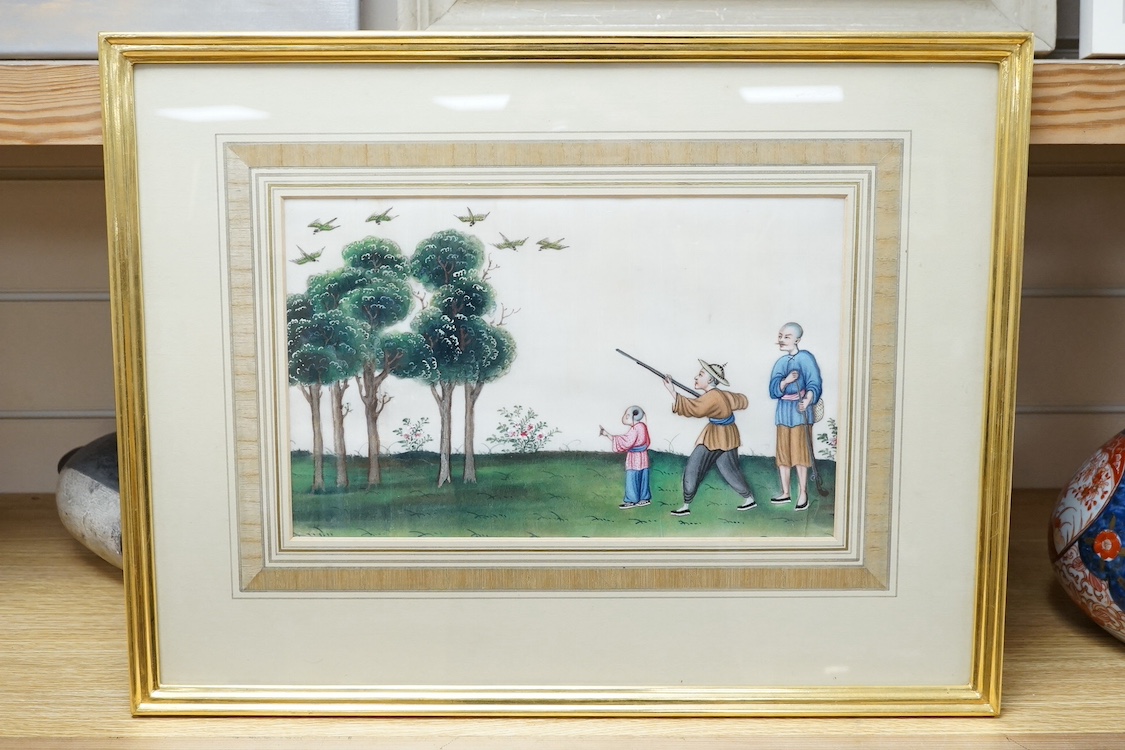 Chinese School, pair of pith paper paintings, to include Figures hunting, together with a pair of paintings on leaves, Birds of paradise amongst flowers, largest 19 x 31cm. Condition - fair